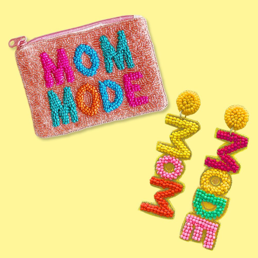 MOM MODE Seed Beaded MOM Statement Dangle Earrings or Coin Pouch Pink NEW